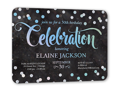 Bokeh Confetti Birthday Invitation, Iridescent Foil, Black, 5x7, Matte, Personalized Foil Cardstock, Rounded