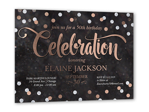 Bokeh Confetti Birthday Invitation, Black, Rose Gold Foil, 5x7, Matte, Personalized Foil Cardstock, Square, White