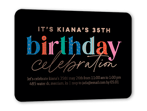 Delightful Decorations Birthday Invitation, Black, Rose Gold Foil, 5x7, Matte, Personalized Foil Cardstock, Rounded, White