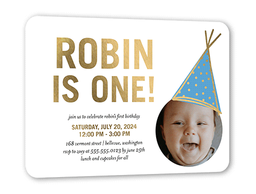 Captivating Cap Birthday Invitation, Gold Foil, White, 5x7, Matte, Personalized Foil Cardstock, Rounded