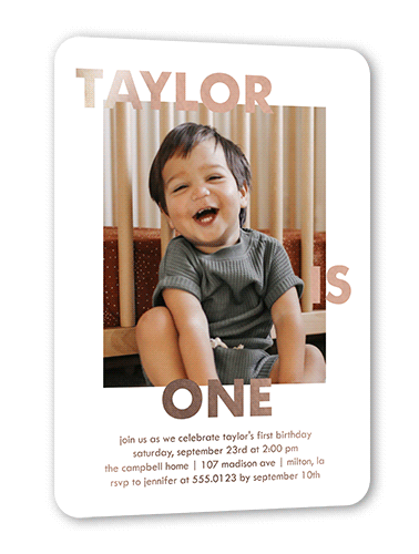 Essential Embellishment Birthday Invitation, Rose Gold Foil, White, 5x7, Matte, Personalized Foil Cardstock, Rounded, White