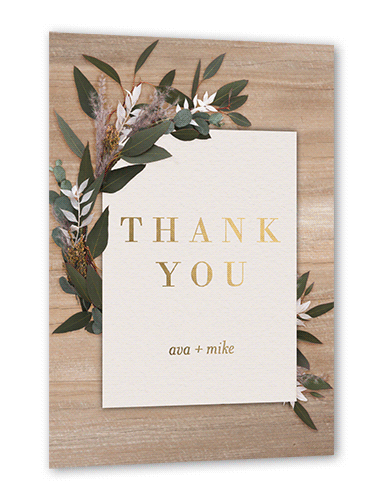 Rustic Foliage Wedding Thank You, Gold Foil, Beige, 5x7, Matte, Personalized Foil Cardstock, Square