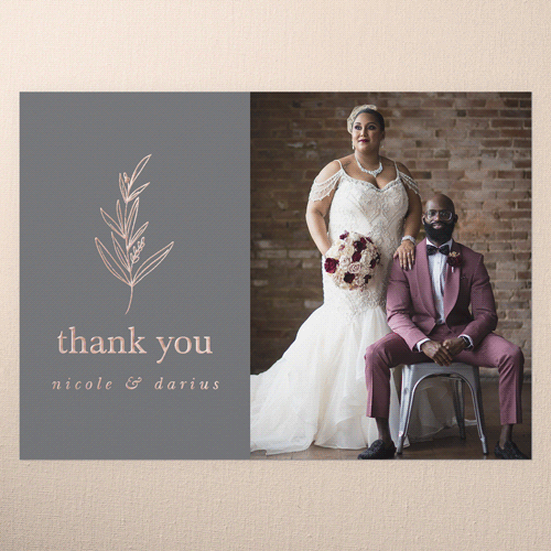 Sweet Leaf Wedding Thank You, Grey, Rose Gold Foil, 5x7, Matte, Personalized Foil Cardstock, Square
