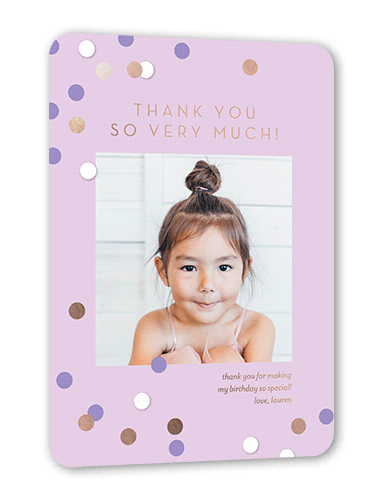 Shimmering Spots Thank You Card, Purple, Rose Gold Foil, 5x7, Matte, Personalized Foil Cardstock, Rounded