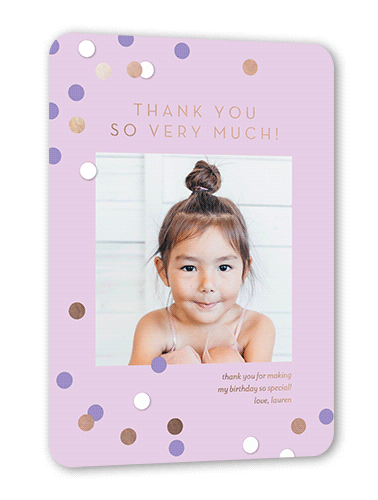Shimmering Spots Thank You Card, Purple, Rose Gold Foil, 5x7, Matte, Personalized Foil Cardstock, Rounded, Lilac