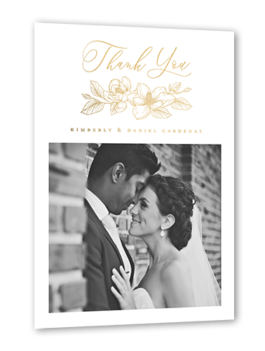Marvelous Magnolia Thank You Card, Gold Foil, White, 5x7, Matte, Personalized Foil Cardstock, Square