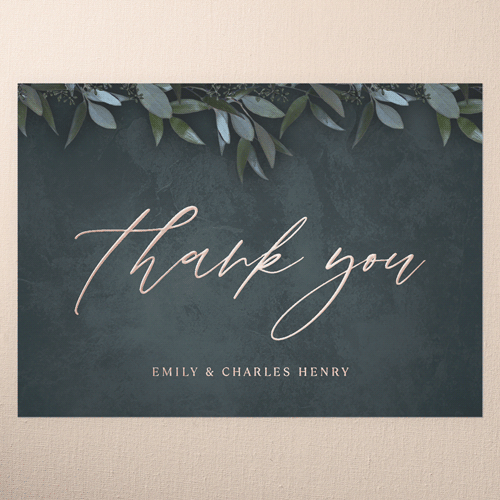 Laurel Embrace Wedding Thank You Card, Green, Rose Gold Foil, 5x7, Matte, Personalized Foil Cardstock, Square, Leafy