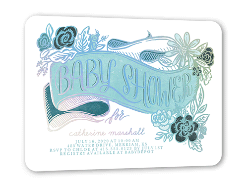 Gilded Flourish Baby Shower Invitation, Blue, Iridescent Foil, 5x7, Matte, Personalized Foil Cardstock, Rounded, Malachite