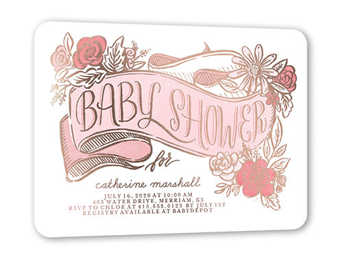 Gilded Flourish Baby Shower Invitation, Pink, Rose Gold Foil, 5x7, Matte, Personalized Foil Cardstock, Rounded, Honeysuckle