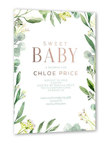 Sweet Floral Baby Shower Invitation, Rose Gold Foil, White, 5x7, Matte, Personalized Foil Cardstock, Square, White