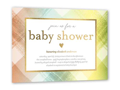 Bright Plaid Baby Shower Invitation, Beige, Gold Foil, 5x7, Matte, Personalized Foil Cardstock, Square