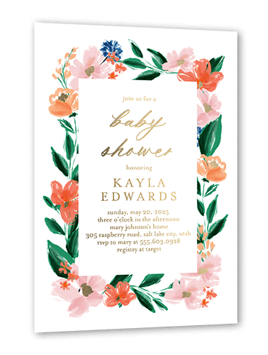 Flowered Frame Baby Shower Invitation, White, Gold Foil, 5x7, Matte, Personalized Foil Cardstock, Square