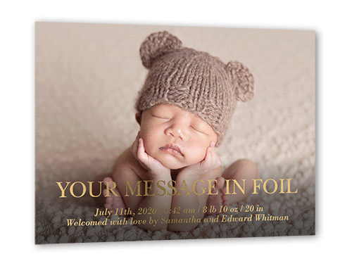 Custom Message Birth Announcement, Gold Foil, Black, 5x7, Matte, Personalized Foil Cardstock, Square