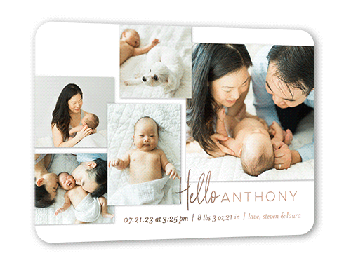 Shining Gallery Birth Announcement, White, Rose Gold Foil, 5x7, Matte, Personalized Foil Cardstock, Rounded