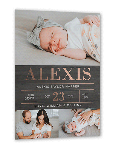 Radiant Stats Birth Announcement, Gray, Rose Gold Foil, 5x7, Matte, Personalized Foil Cardstock, Square, Gray