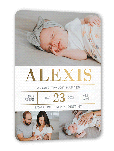 Radiant Stats Birth Announcement, Gold Foil, White, 5x7, Matte, Personalized Foil Cardstock, Rounded