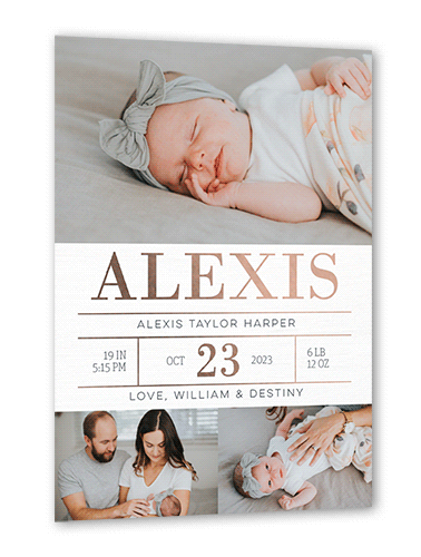 Radiant Stats Birth Announcement, Rose Gold Foil, White, 5x7, Matte, Personalized Foil Cardstock, Square