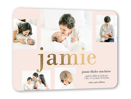 Glimmering Moniker Birth Announcement, Gold Foil, Pink, 5x7, Matte, Personalized Foil Cardstock, Rounded, Quartz