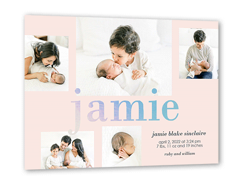 Glimmering Moniker Birth Announcement, Pink, Iridescent Foil, 5x7, Matte, Personalized Foil Cardstock, Square