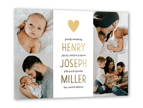 Modern Shimmer Birth Announcement, White, Gold Foil, 5x7, Matte, Personalized Foil Cardstock, Square