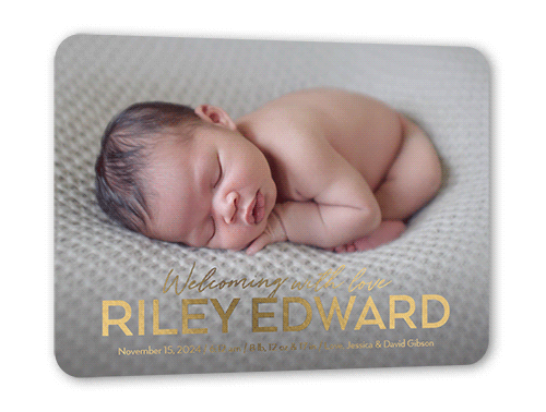 Grand Type Birth Announcement, White, Gold Foil, 5x7, Matte, Personalized Foil Cardstock, Rounded