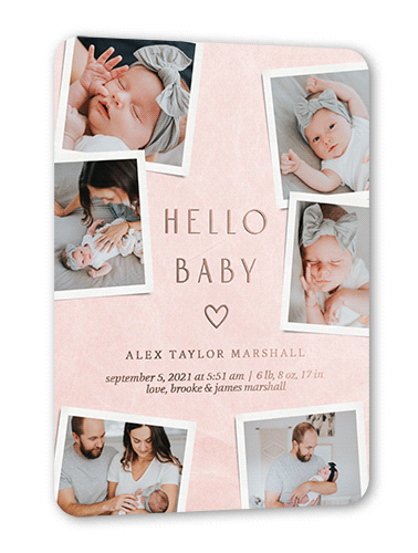 Many Fresh Memories Birth Announcement, Rose Gold Foil, Pink, 5x7, Matte, Personalized Foil Cardstock, Rounded, Ballet Slipper