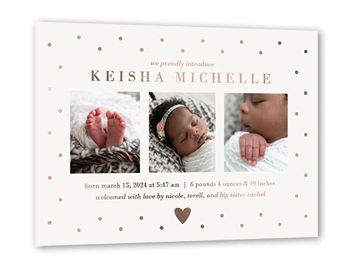 Dotted Love Birth Announcement, Beige, Rose Gold Foil, 5x7, Matte, Personalized Foil Cardstock, Square