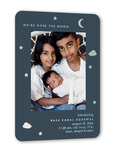 Moonlight Shine Birth Announcement, Grey, Iridescent Foil, 5x7, Matte, Personalized Foil Cardstock, Rounded