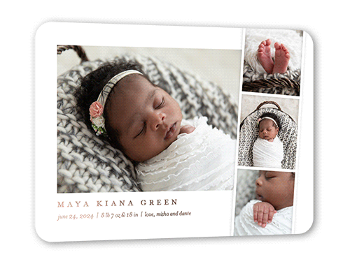 Minimal Filmstrip Birth Announcement, White, Rose Gold Foil, 5x7, Matte, Personalized Foil Cardstock, Rounded