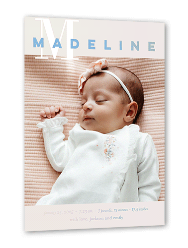 Solid Initial Birth Announcement, Iridescent Foil, Grey, 5x7, Matte, Personalized Foil Cardstock, Square, Whisper Gray