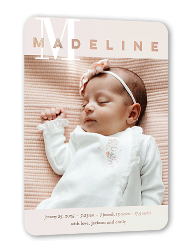 Solid Initial Birth Announcement, Grey, Rose Gold Foil, 5x7, Matte, Personalized Foil Cardstock, Rounded