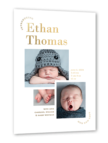 Newborn Bliss Birth Announcement, White, Gold Foil, 5x7, Matte, Personalized Foil Cardstock, Square