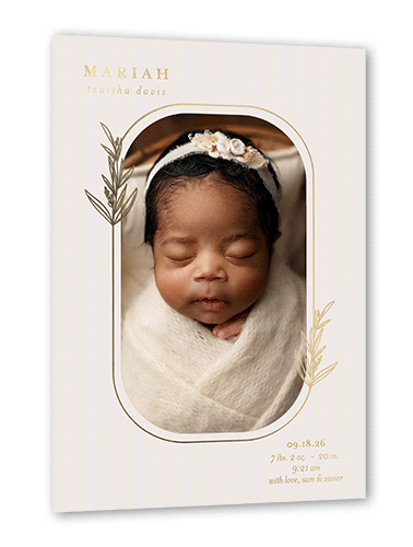 Gilded Leaf Birth Announcement, Gold Foil, Beige, 5x7, Matte, Personalized Foil Cardstock, Square, Pearl