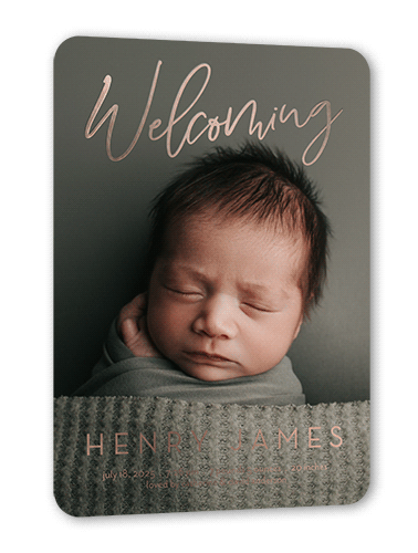 Gleaming Welcome Birth Announcement, White, Rose Gold Foil, 5x7, Matte, Personalized Foil Cardstock, Rounded