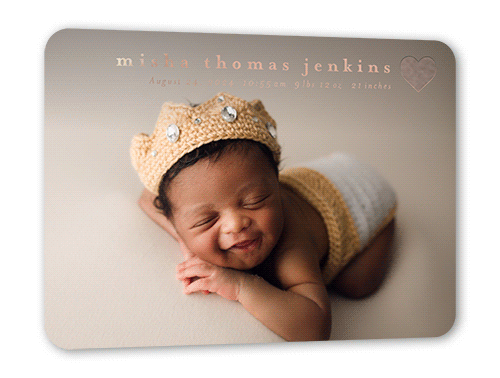 Bright Heart Birth Announcement, Rose Gold Foil, White, 5x7, Matte, Personalized Foil Cardstock, Rounded