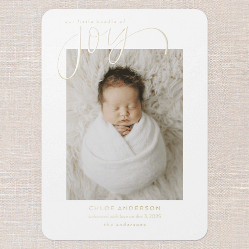 Foil Feature Birth Announcement, Gold Foil, White, 5x7, Matte, Personalized Foil Cardstock, Rounded, White