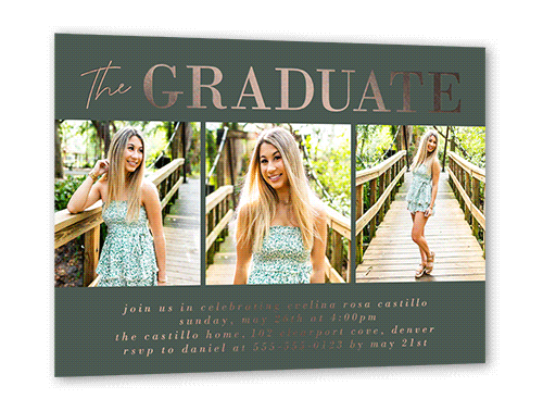 Shining Style Graduation Invitation, Rose Gold Foil, Green, 5x7, Matte, Personalized Foil Cardstock, Square