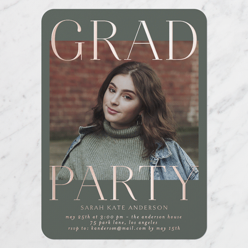 Proud Type Graduation Invitation, Rose Gold Foil, Green, 5x7, Matte, Personalized Foil Cardstock, Rounded, White