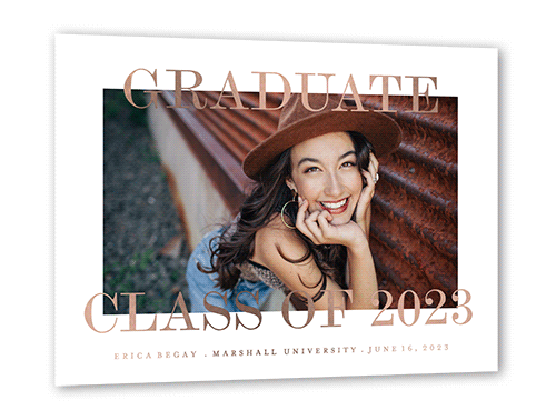 Luminous Alumni Graduation Announcement, White, Rose Gold Foil, 5x7, Matte, Personalized Foil Cardstock, Square