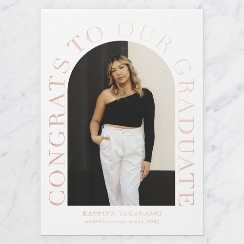 Celebrated Arch Graduation Announcement, Rose Gold Foil, White, 5x7, Matte, Personalized Foil Cardstock, Square