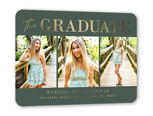 Shining Style Graduation Announcement, Gold Foil, Green, 5x7, Matte, Personalized Foil Cardstock, Rounded