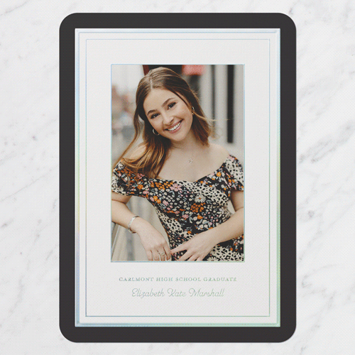 Layered Frame Graduation Announcement, Iridescent Foil, Black, 5x7, Matte, Personalized Foil Cardstock, Rounded