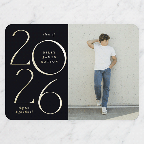 Staggered Year Graduation Announcement, Black, Gold Foil, 5x7, Matte, Personalized Foil Cardstock, Rounded, Black