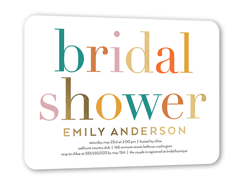 Colorful And Fun Bridal Shower Invitation, Gold Foil, White, 5x7, Matte, Personalized Foil Cardstock, Rounded, White