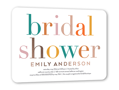 Colorful And Fun Bridal Shower Invitation, Rose Gold Foil, White, 5x7, Matte, Personalized Foil Cardstock, Rounded