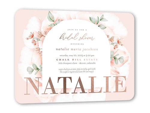 Soft Floral Arches Bridal Shower Invitation, Pink, Rose Gold Foil, 5x7, Matte, Personalized Foil Cardstock, Rounded