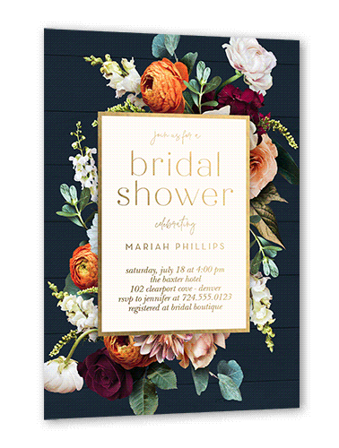 Autumnal Bouquet Bridal Shower Invitation, Gold Foil, Blue, 5x7, Matte, Personalized Foil Cardstock, Square