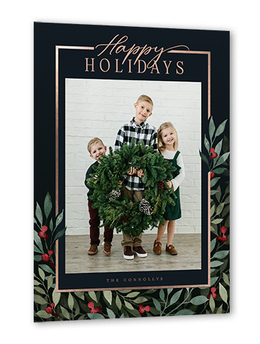 Beaming Berries Holiday Card, Black, Rose Gold Foil, 5x7, Holiday, Matte, Personalized Foil Cardstock, Square, Black