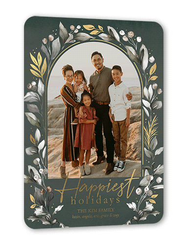 Glistening Greenery Holiday Card, Green, Gold Foil, 5x7, Holiday, Matte, Personalized Foil Cardstock, Rounded