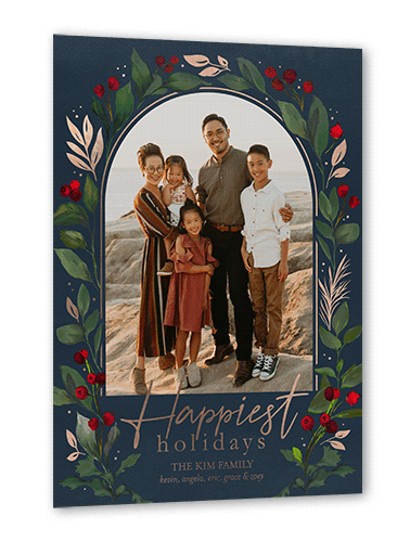 Glistening Greenery Holiday Card, Rose Gold Foil, Black, 5x7, Holiday, Matte, Personalized Foil Cardstock, Square